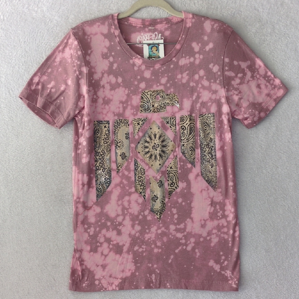 One24 Rags Womens Acid Wash Pink Western Eagle Graphic T Shirt Size S